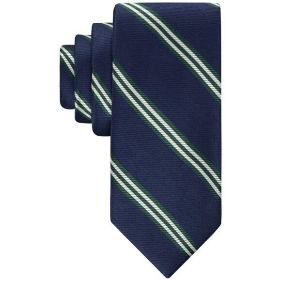 Tommy Hilfiger Mens Necktie Navy Green Twill Bar Stripe Tie 14653 - Picture 1 of 1